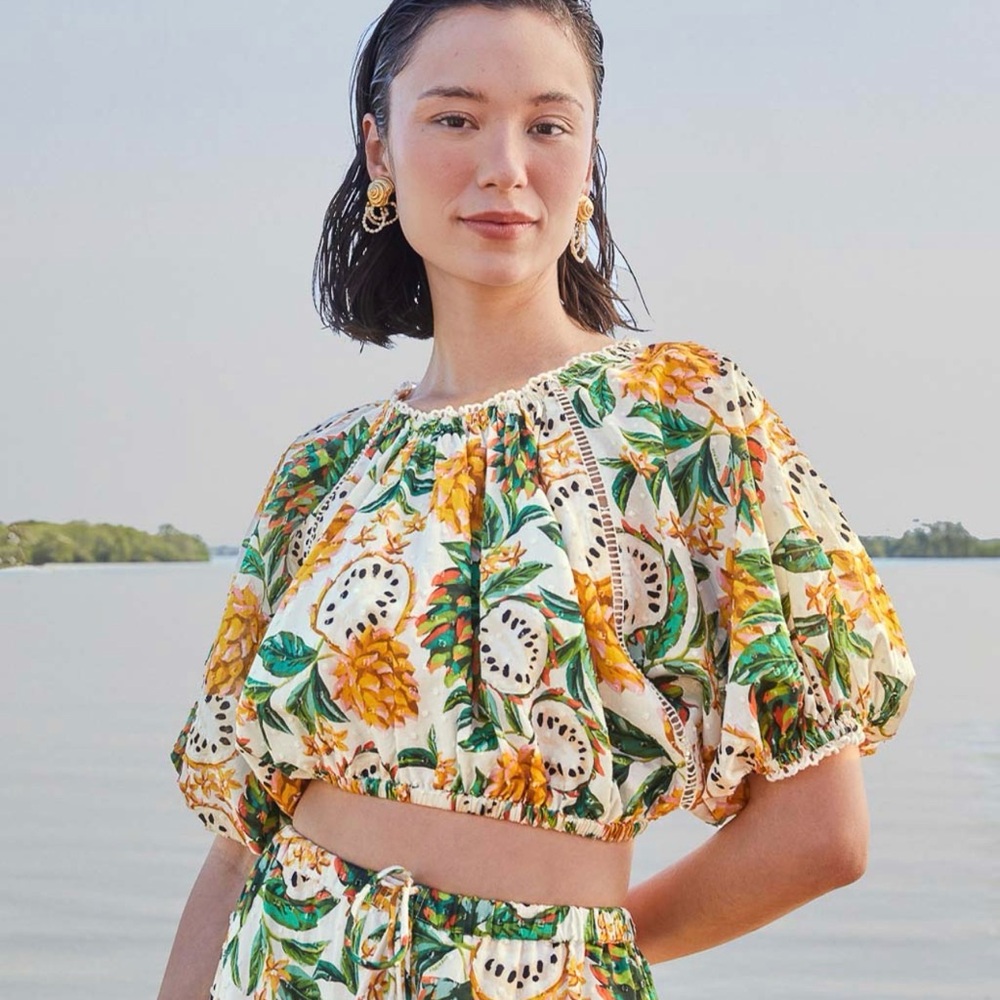 FARM Rio Biriba Yellow and Green Tropical Crop Top